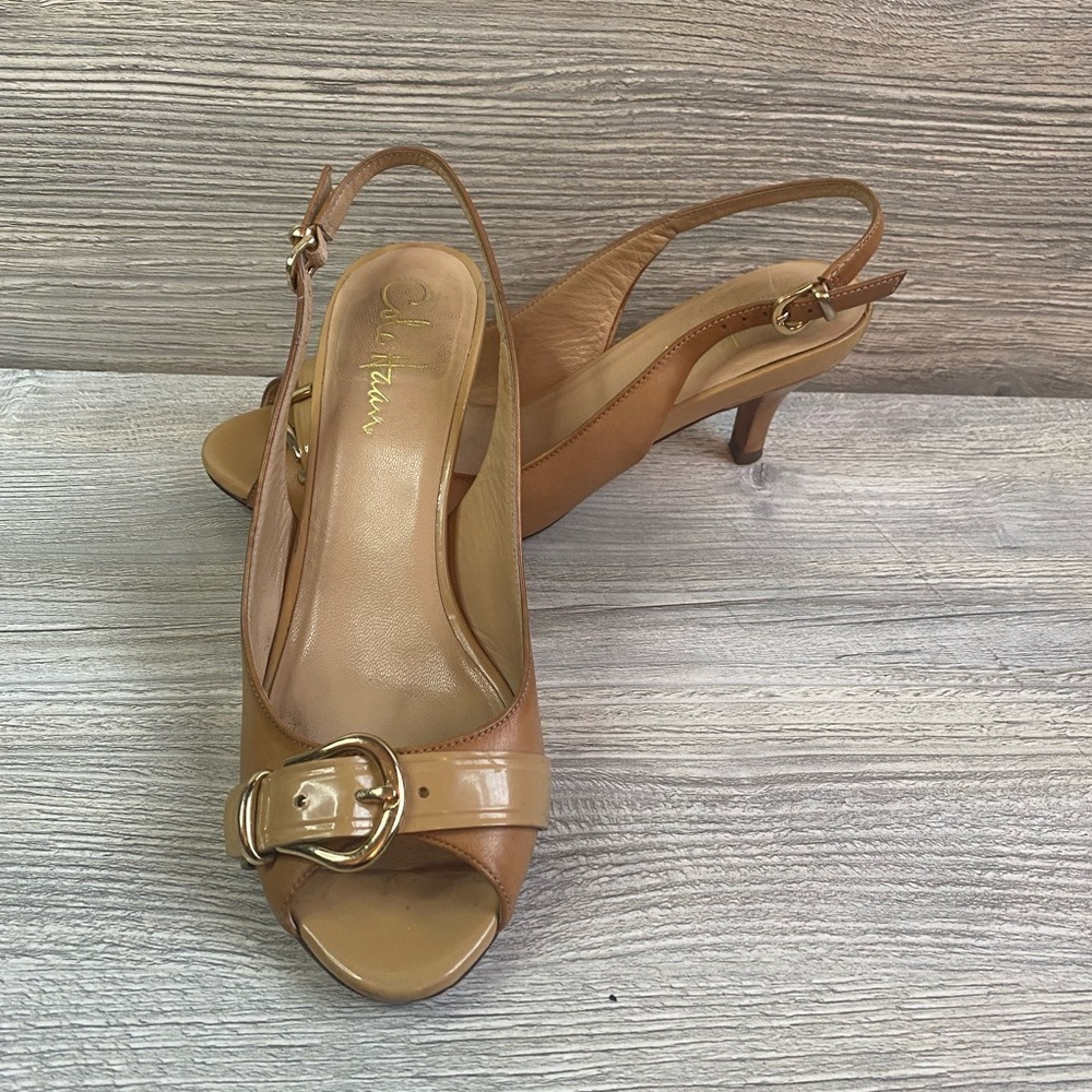Sling back kitten heel Cole Haan leather and patent leather shoes Open toe